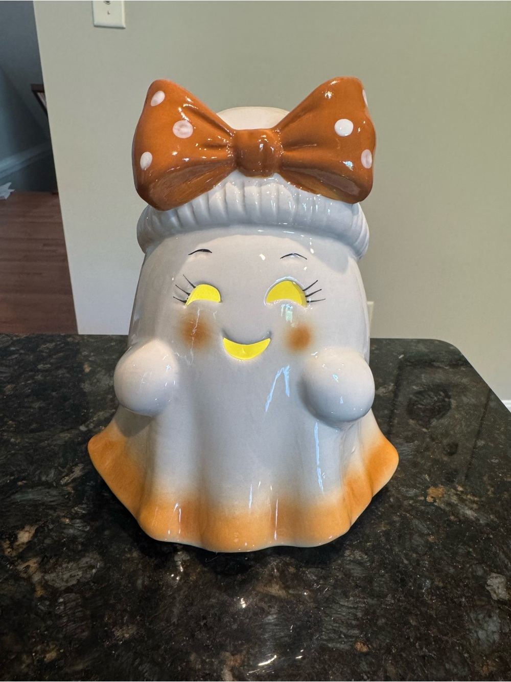 Happy S’mores Ghost Girl LED Ceramic Halloween w Orange Polka Dot Bow NEW